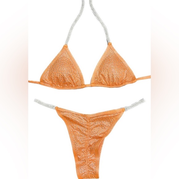 New Orange Competition Bikini with Rhinestone connectors. Scrunch bottom - Picture 2 of 2